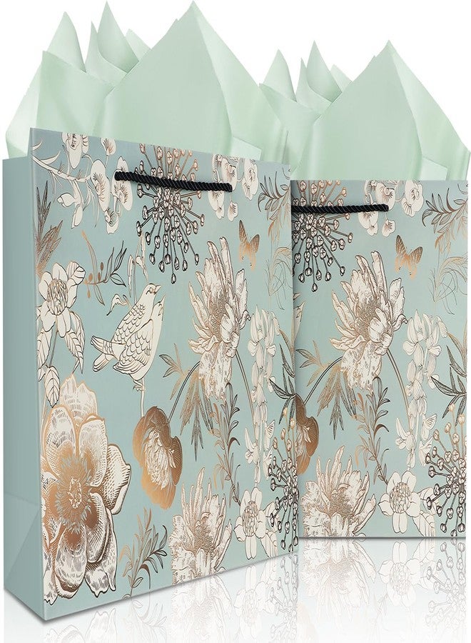 Elivida 13" Gift Bag with Handle incl. Matching Tissue Paper, Card & Sticker,Reusable Flowers and Birds Design Gift Bags Use for Presents of Any Birthday,Mother's Day& Special Occasion (2Pc Green) - Image 1