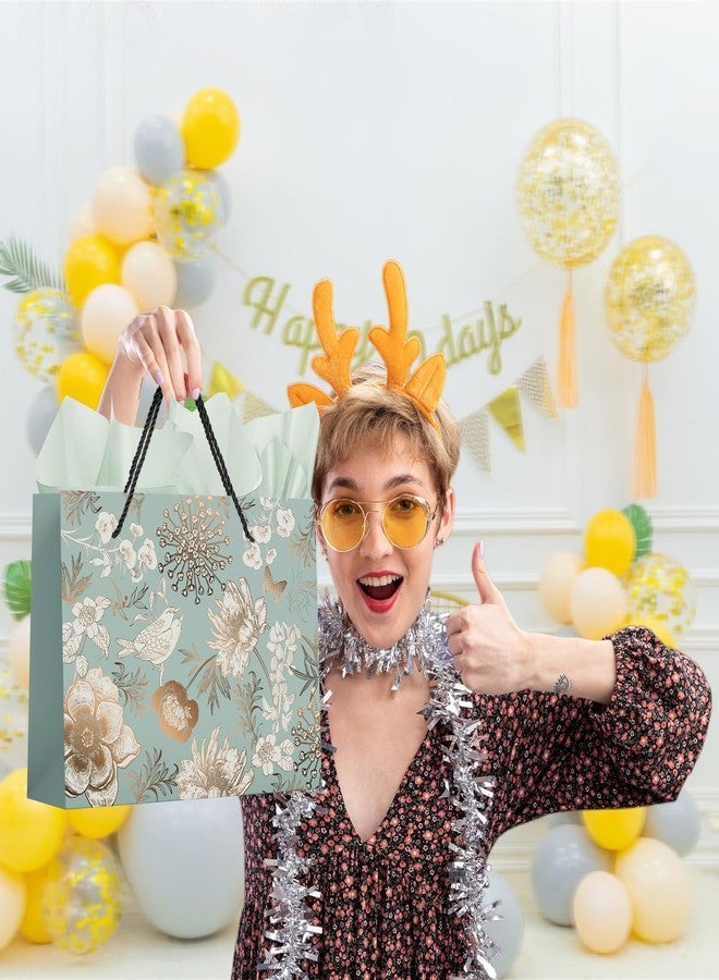 Elivida 13" Gift Bag with Handle incl. Matching Tissue Paper, Card & Sticker,Reusable Flowers and Birds Design Gift Bags Use for Presents of Any Birthday,Mother's Day& Special Occasion (2Pc Green) - Image 2