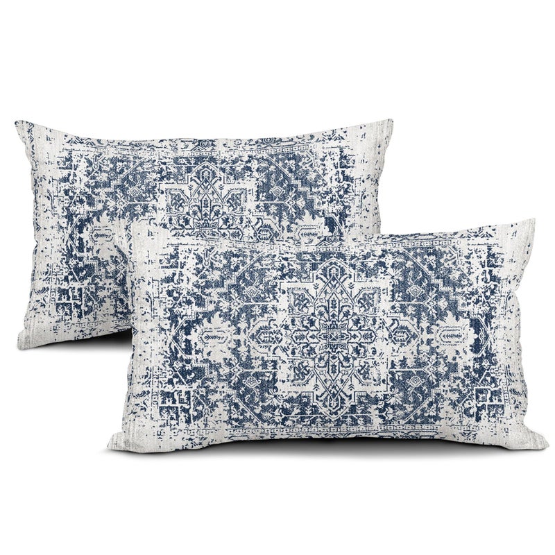 Navy Blue Boho Lumbar Pillow Covers 12X20 in Set of 2 Ethnic Bohemian Carpet Rectangular Pillow Cases Farmhouse Rustic Vintage Rug Pillowcase Home Decor for Living Room Couch Patio Sofa Porch Outdoor