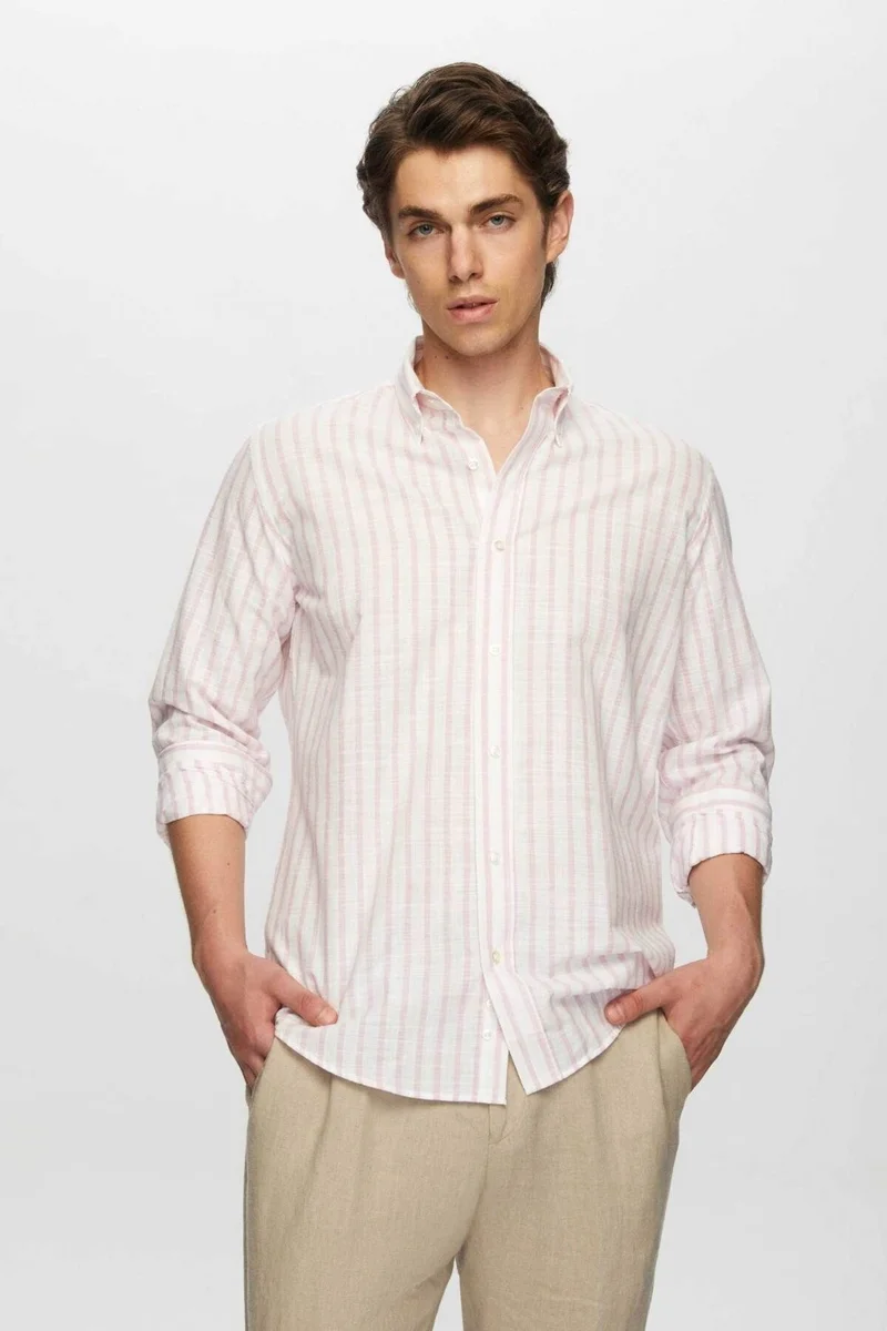 D'S DAMAT Slim Fit Pink Striped Button-Down Collar 100% Cotton Flamed Summer Linen Look Shirt 0HC02ORT06265