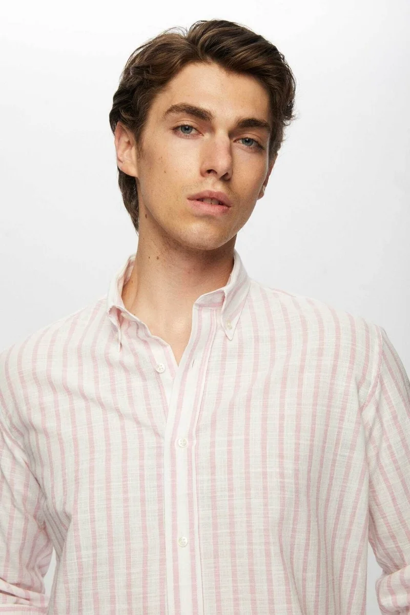 D'S DAMAT Slim Fit Pink Striped Button-Down Collar 100% Cotton Flamed Summer Linen Look Shirt 0HC02ORT06265
