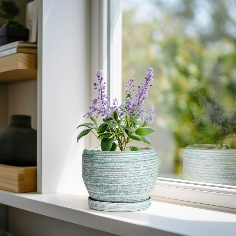 SQOWL Ceramic Plant Pots - 6 Inch Planter with Drainage Hole and Tray, Round Flower Pot for Indoor Plants, Decorative Succulent Planter Outdoor, Home House Decor, Gifts for Women Men, Green - Image 2