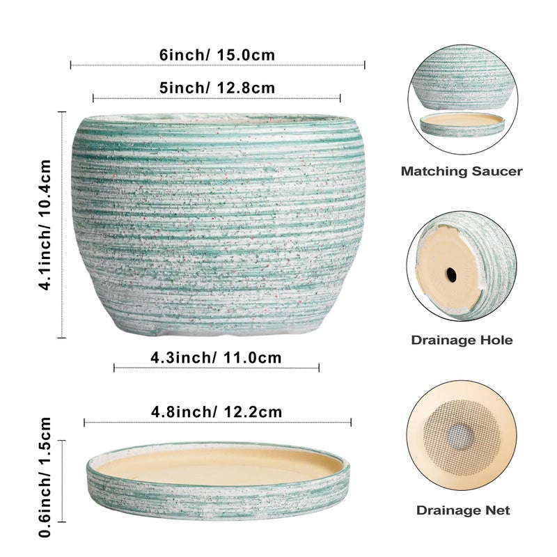 SQOWL Ceramic Plant Pots - 6 Inch Planter with Drainage Hole and Tray, Round Flower Pot for Indoor Plants, Decorative Succulent Planter Outdoor, Home House Decor, Gifts for Women Men, Green - Image 3
