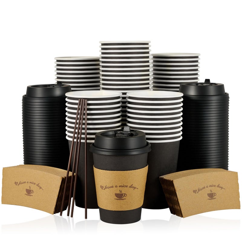 LITOPAK 100 Pack 12 oz Paper Coffee Cups for Hot Chocolate Drinks, Black Disposable Coffee Cups with Lids, Sleeves and Stirring Sticks for Parties, Picnic, Travel, and Events - Image 1