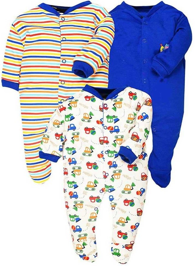 TiniBerry Baby Long Sleeve Cotton Full Body Sleep Suit, Romper for Boys and Girls Set of 3 (0-3 Months, Blue) - Image 1