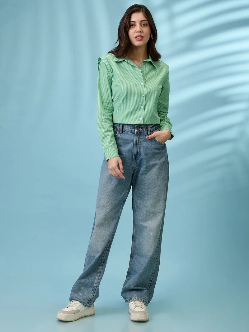 globus Women Green Striped Collared Neck Cuffed Sleeves Curved Hem Shirt