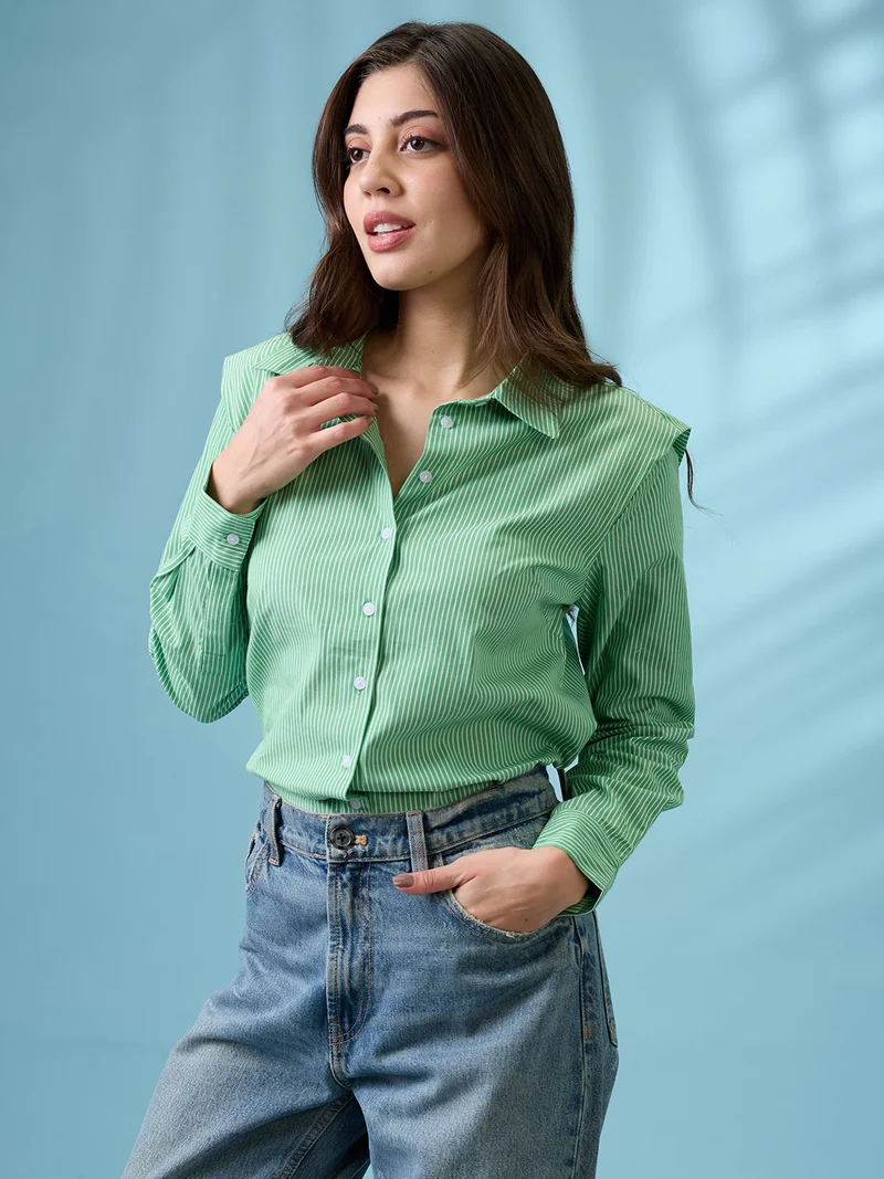 globus Women Green Striped Collared Neck Cuffed Sleeves Curved Hem Shirt
