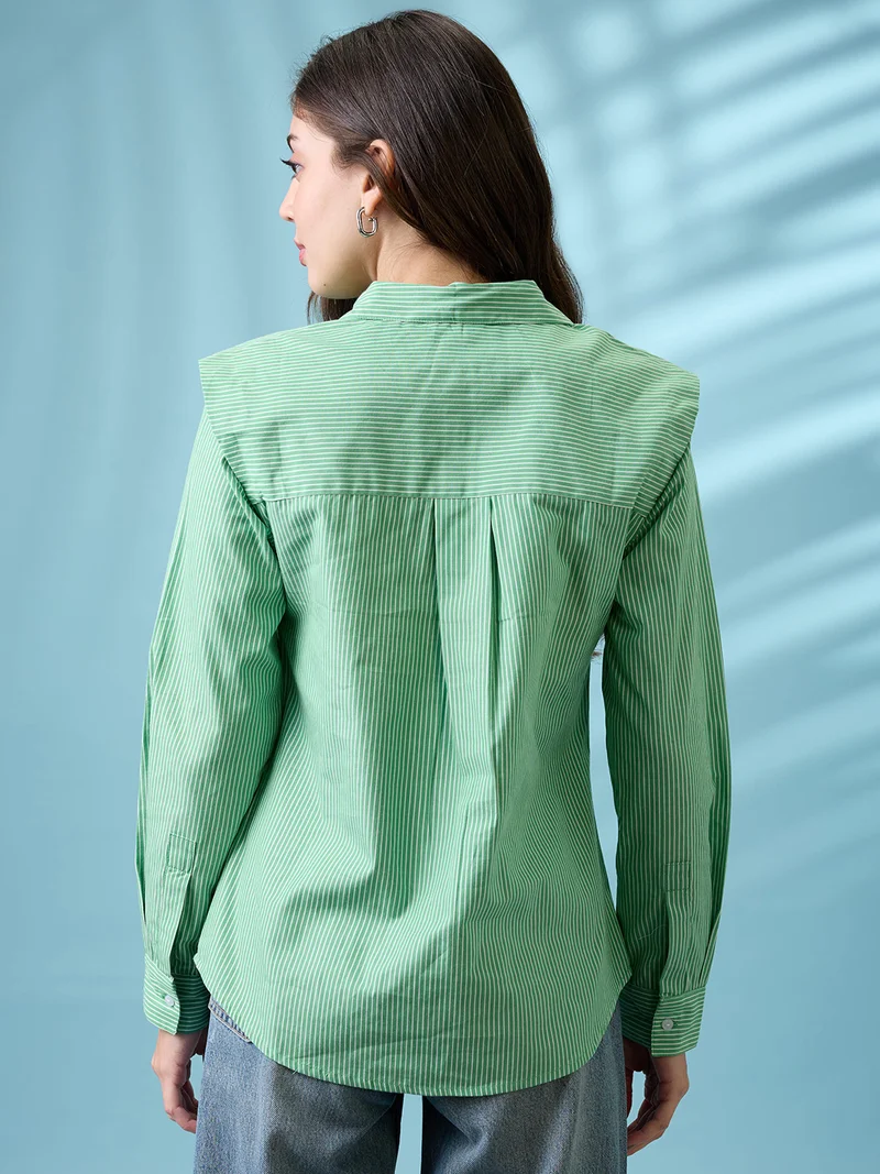 globus Women Green Striped Collared Neck Cuffed Sleeves Curved Hem Shirt