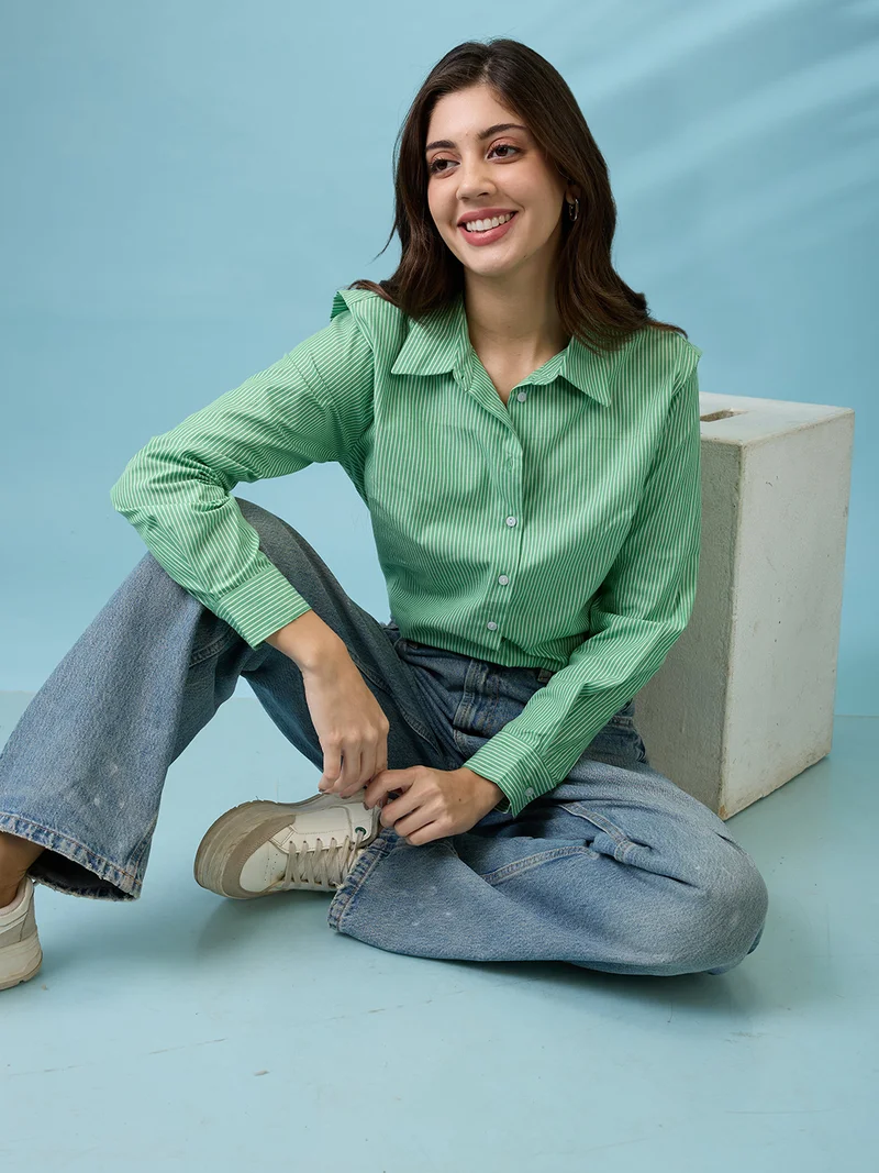 globus Women Green Striped Collared Neck Cuffed Sleeves Curved Hem Shirt