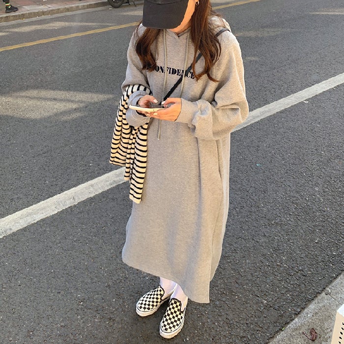 2023 autumn and winter New Korean style BF style hem split loose slimming fleece-lined thickened over-the-knee hooded sweater dress Black - Image 2