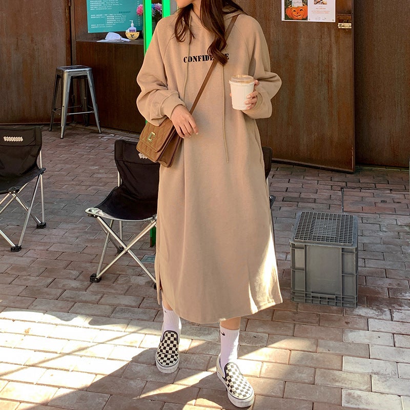 2023 autumn and winter New Korean style BF style hem split loose slimming fleece-lined thickened over-the-knee hooded sweater dress Black - Image 4