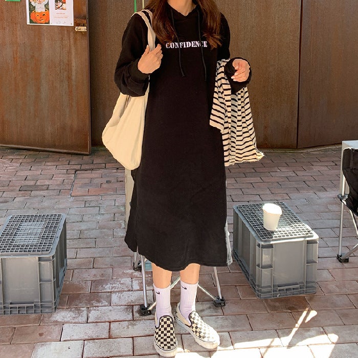 2023 autumn and winter New Korean style BF style hem split loose slimming fleece-lined thickened over-the-knee hooded sweater dress Black - Image 1