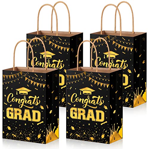 PerKoop 12 Pcs Graduation Gift Bag 2025 with Handles Gold Congrats Grad Bags Paper Treat Bags Graduation Party Favor Supplies Candy Goodie Decorations for College High School 8 x 6 x 3 Inch