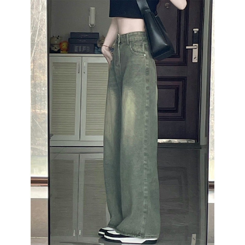 Pear-Shaped Figure Army Green Straight Jeans Womens 2025 New plus size chubby girl Slim-Fit Loose Wide Leg Pants Green 