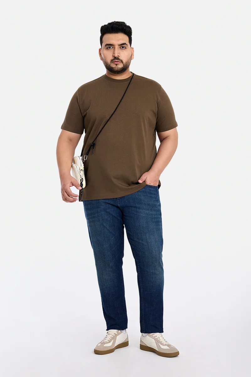 سنيتش Brown Solid Regular Fit Casual Plus Size T-Shirt