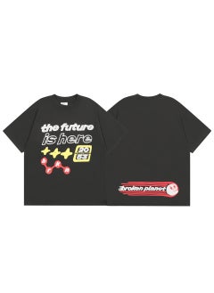 Broken Planet Cotton Tee with Futuristic Print Black