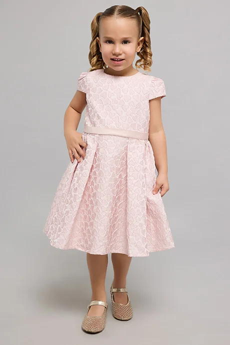 R&B Self Patterned Fit & Flare Dress with Crew Neck and Puff Sleeves