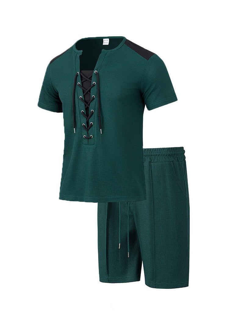 2025 cross-border independent station hot new casual fashion wearing rope round neck T-shirt short sleeve shorts two-piece suit - Image 1