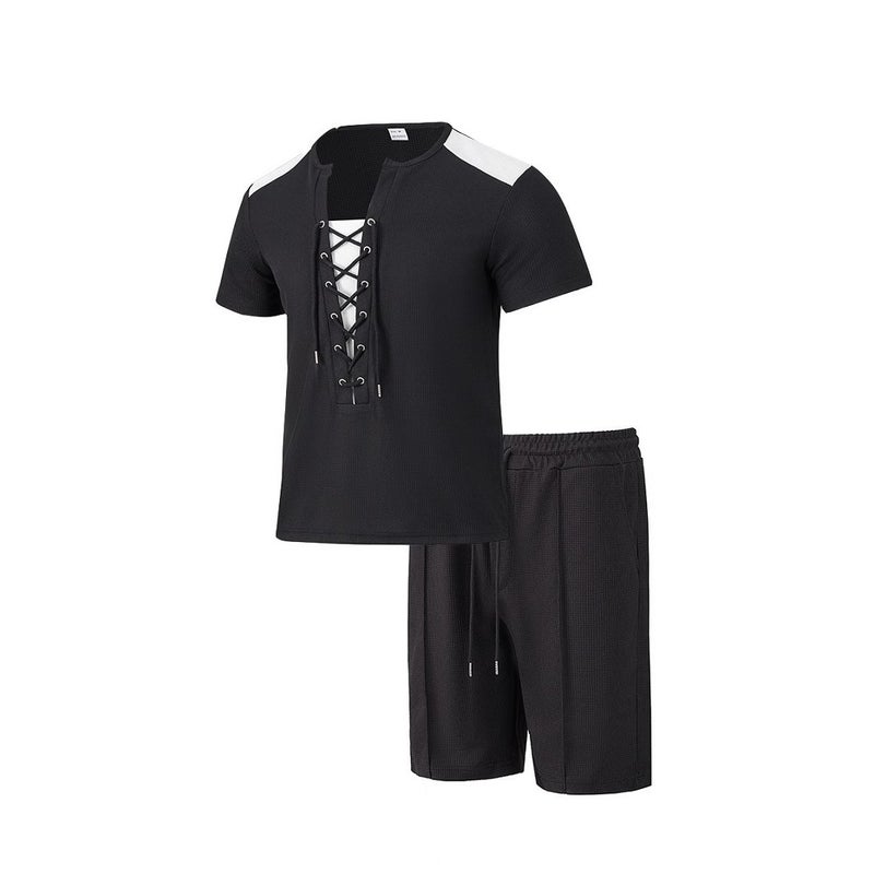 2025 cross-border independent station hot new casual fashion wearing rope round neck T-shirt short sleeve shorts two-piece suit - Image 5