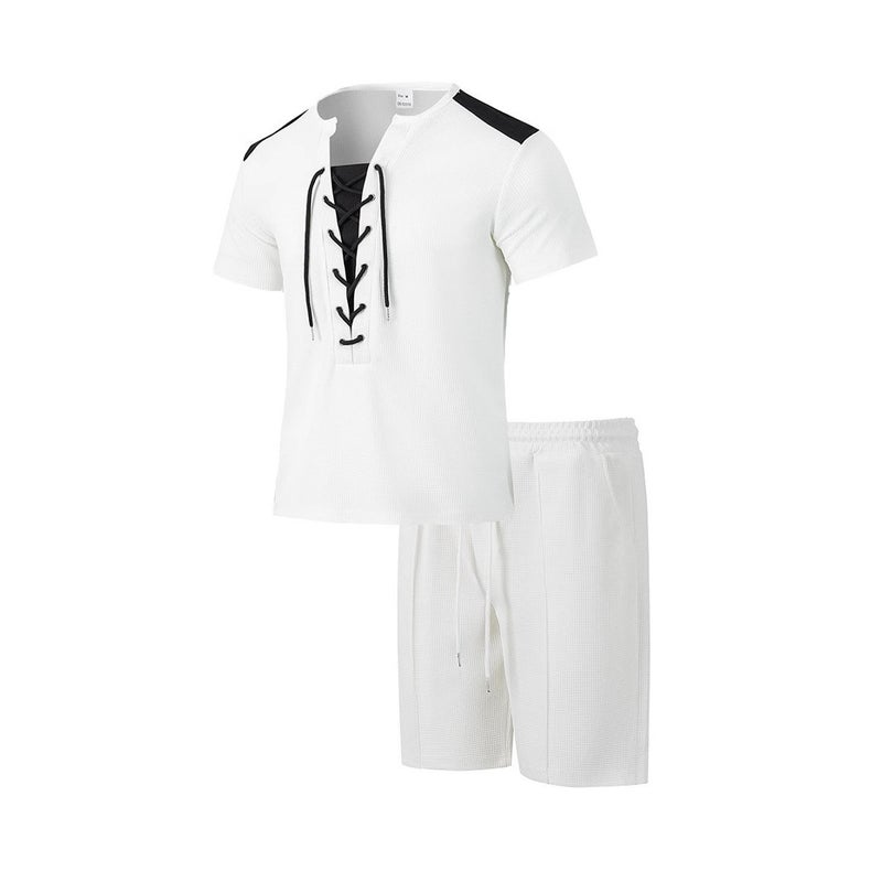 2025 cross-border independent station hot new casual fashion wearing rope round neck T-shirt short sleeve shorts two-piece suit - Image 2