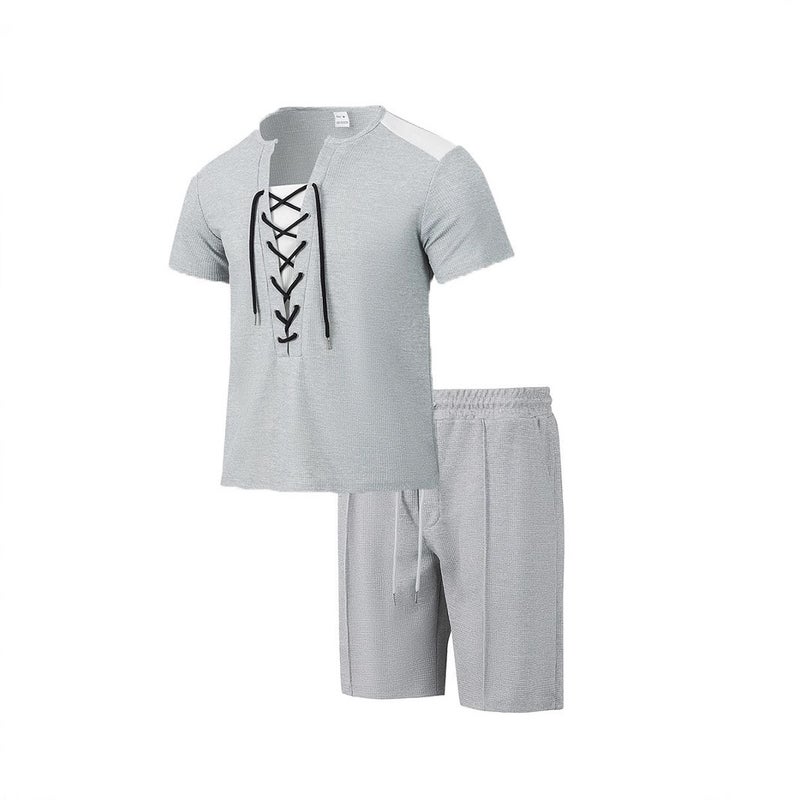 2025 cross-border independent station hot new casual fashion wearing rope round neck T-shirt short sleeve shorts two-piece suit - Image 3