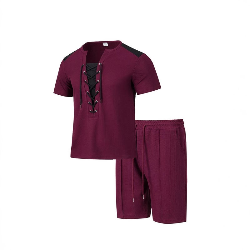 2025 cross-border independent station hot new casual fashion wearing rope round neck T-shirt short sleeve shorts two-piece suit - Image 4