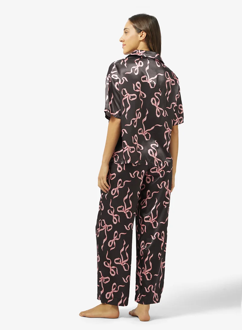 Ginger Bow Print Button Down Shirt & Pyjama Set