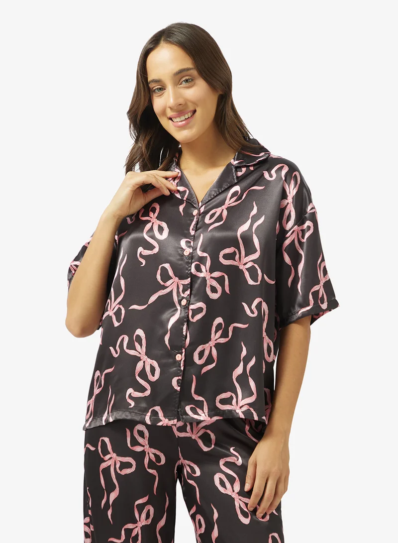Ginger Bow Print Button Down Shirt & Pyjama Set