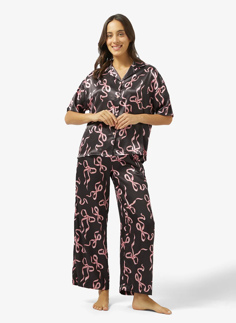 Ginger Bow Print Button Down Shirt & Pyjama Set