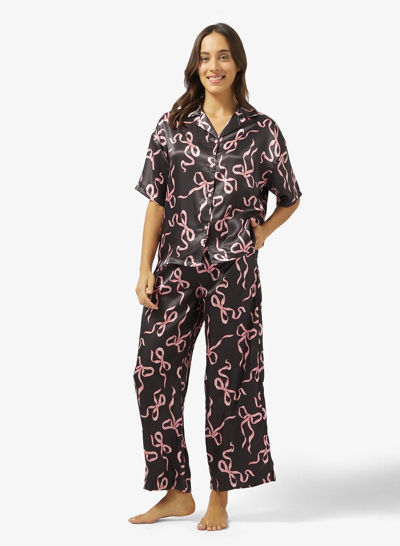 Ginger Bow Print Button Down Shirt & Pyjama Set - Image 2
