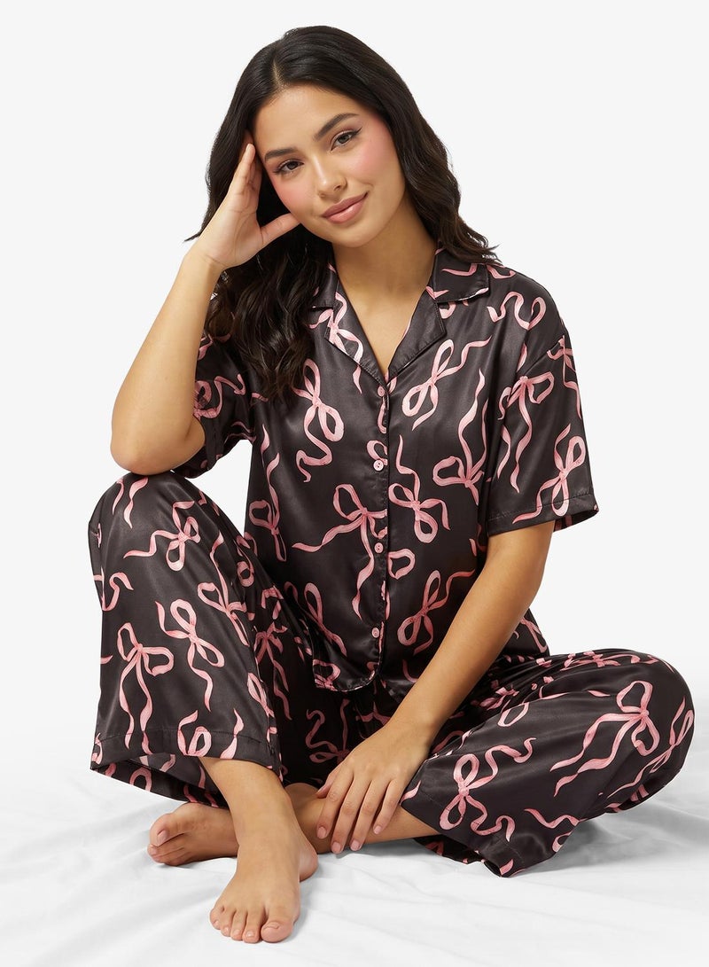 Ginger Bow Print Button Down Shirt & Pyjama Set - Image 1