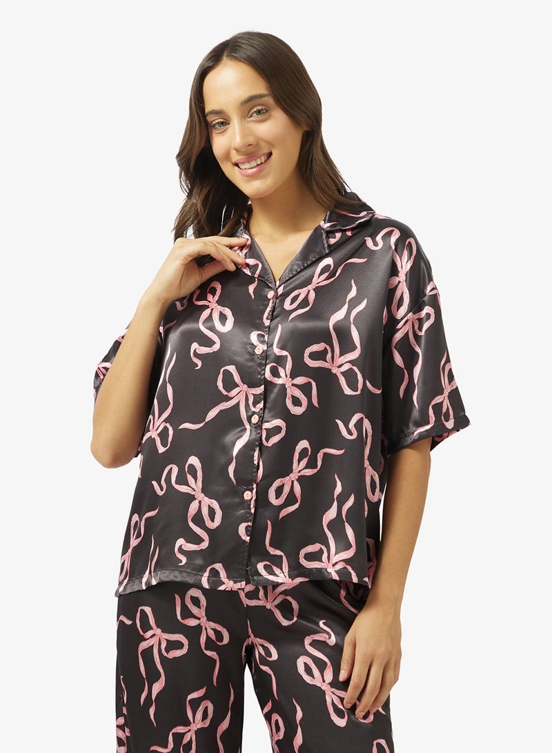 Ginger Bow Print Button Down Shirt & Pyjama Set - Image 4