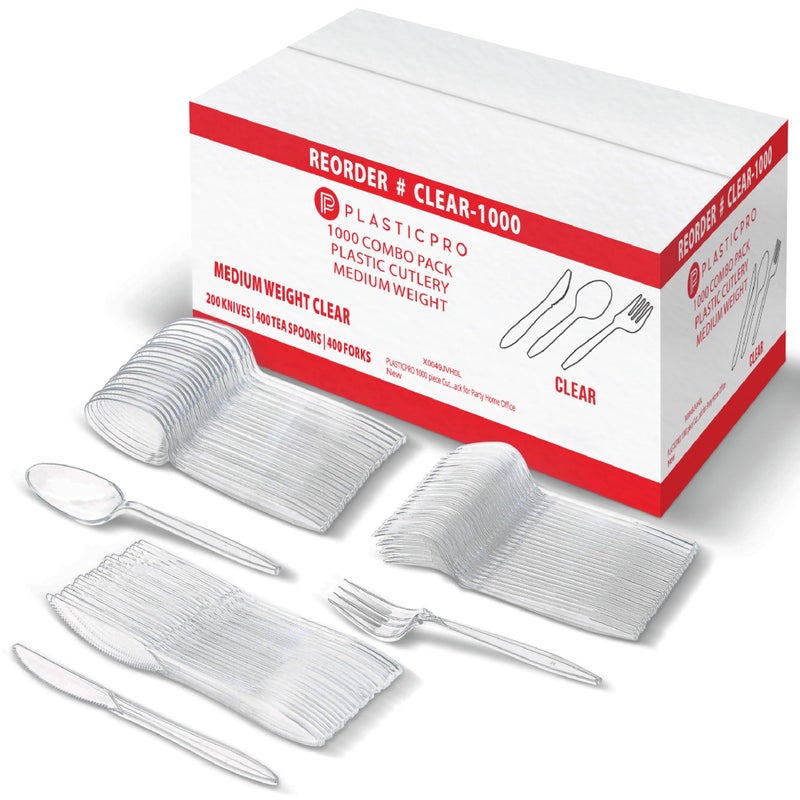 PLASTICPRO 1000 piece Cutlery Combo set of Clear Plastic Forks, Spoons, and Knives Disposable Cutlery Bulk Pack Variety Pack for Party Home Office - Image 1