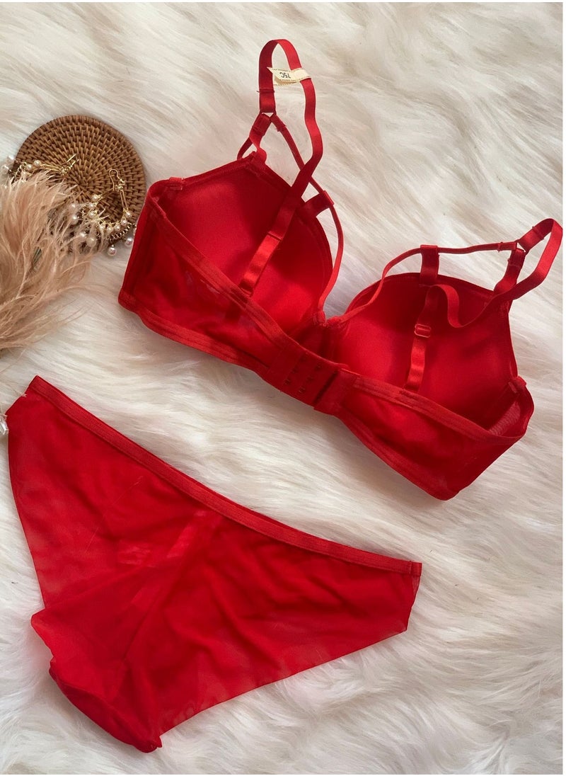 Loquat - Comfy Solid Color Bra Panty Set Women's Underwear Set Red - Image 1
