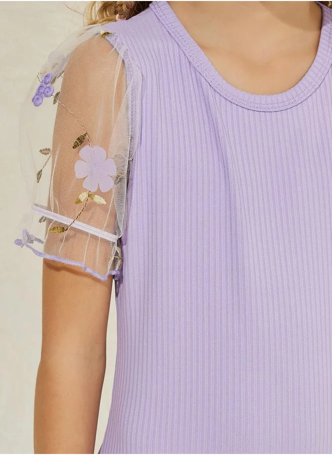 ستايلي Embroidery Puff Mesh Sleeve Rib Dress