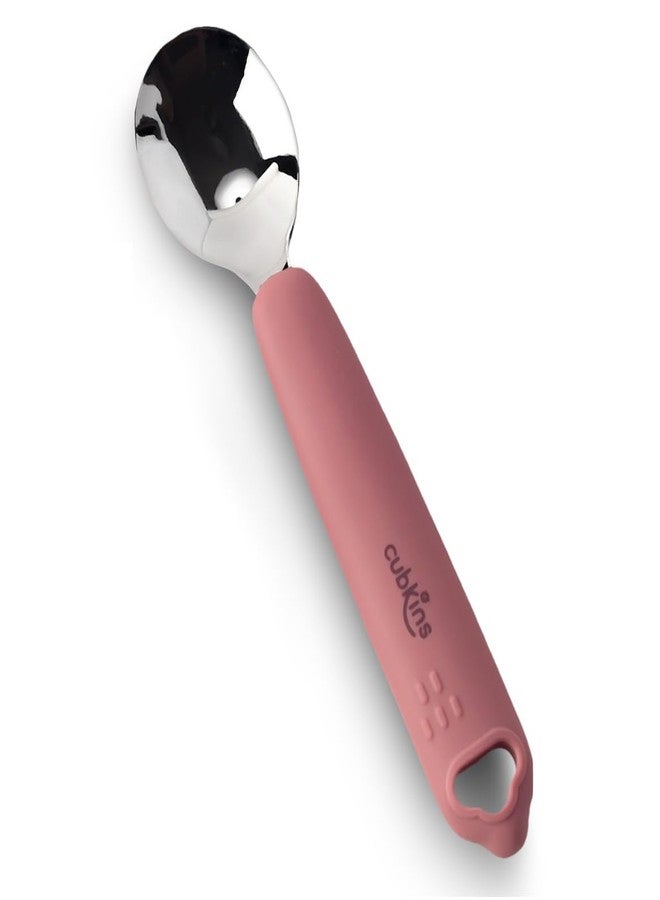Cubkins Steel Head Spoon for Feeding Babies with Soft Silicone Handle | Non Toxic, Food Safe and BPA Free | Washable and Reusable (Raspberry) - Image 1