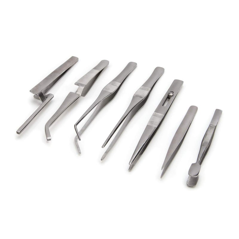 Steelman 7Piece Tweezer Variety Tool Set for Electronic Repairs Jewelry Making and Model Building Stainless Steel Includes Sharp Angled Blunt and Offset Tips Storage Case Included