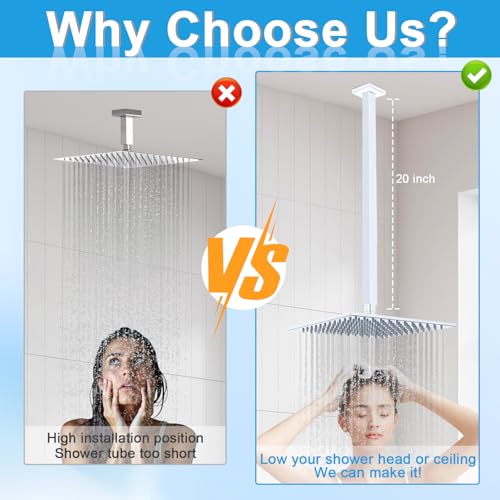 Drettyer Ceiling Mount Shower Arm with Flange 20 Inches Square Straight Extender Extension Pipe Replacement, Long Shower Arm For Fixed Rain Shower Head or High Ceiling, Chrome - Image 3
