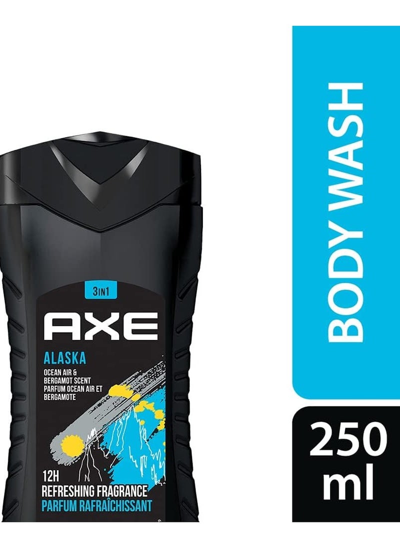 Axe - Alaska Men's 3-in-1 Body, Face & Hair Wash, Fresh Ocean Air & Bergamot Scent, Naturally Originated Ingredients Eliminates Odor & Bacteria, Paraben Free, Dermatologist Tested Axe, 250ml, Axe - Image 1