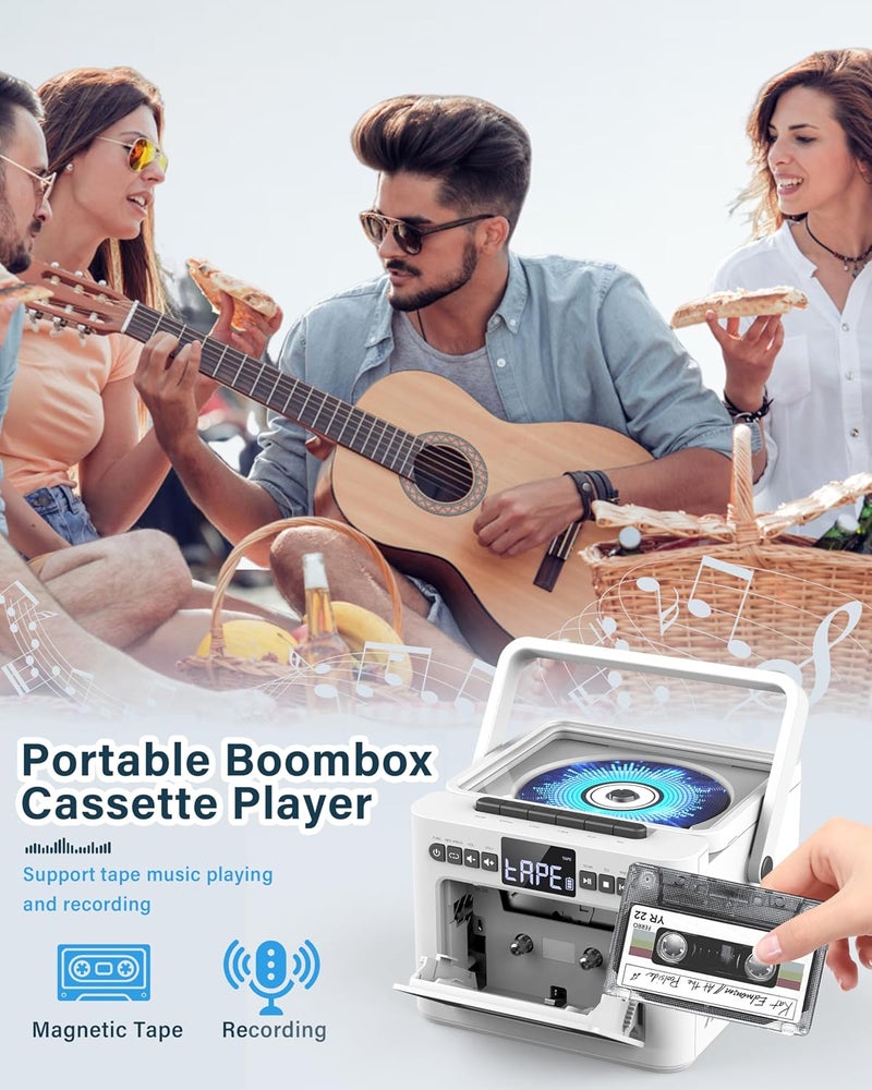 Sunoony Boombox Cassette CD Player Bluetooth5.1 with 5000mAh Battery,5W Dual Stereo Speakers,Rechargeable CD Player with FM Radio,Remote Control,Tape Recording,3.5mm Earphone Jack,AUX/Micro SD/USB-White - Image 4