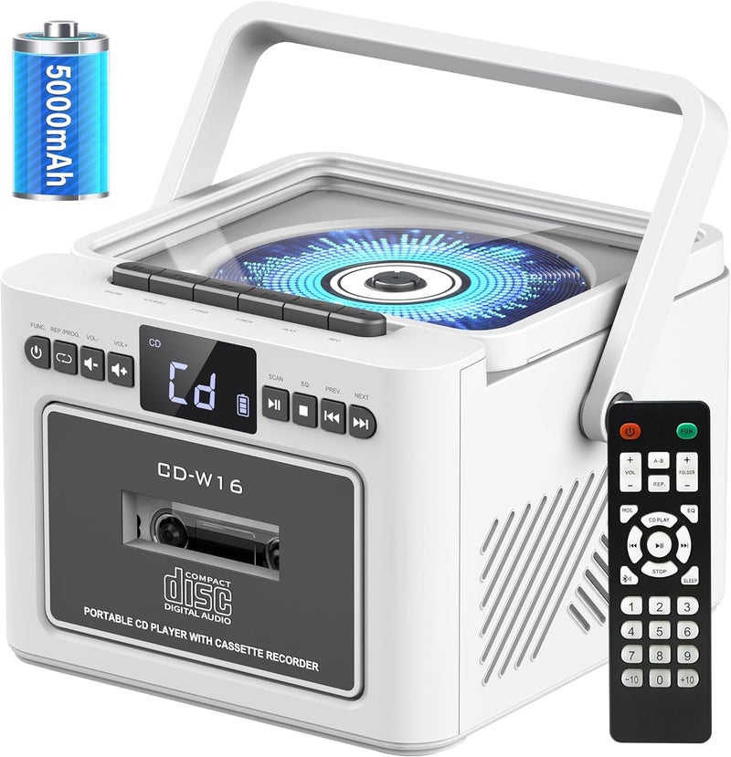 Sunoony Boombox Cassette CD Player Bluetooth5.1 with 5000mAh Battery,5W Dual Stereo Speakers,Rechargeable CD Player with FM Radio,Remote Control,Tape Recording,3.5mm Earphone Jack,AUX/Micro SD/USB-White - Image 1