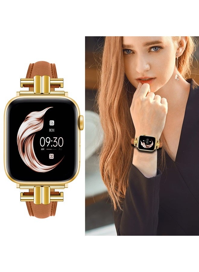 Leather Slim Band Compatible for Apple Watch 42mm 44mm 45mm Band,Genuine Brown Leather I-Shape Watch Strap Bracelet with Stainless Buckle for iWatch Women Bands Series 8 7 6 5 4 3 2 1 SE