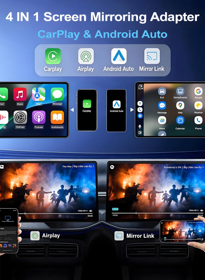 Chillspace 4-in-1 Wireless CarPlay & Android Auto Adapter with Video Streaming, New Upgraded Dongle for YouTube, Netflix, TikTok via AirPlay & MirrorLink, Bluetooth 5.3, Plug & Play, Mini Adapter with USB/USB-C Port - Fits 98% of Vehicles - Image 2