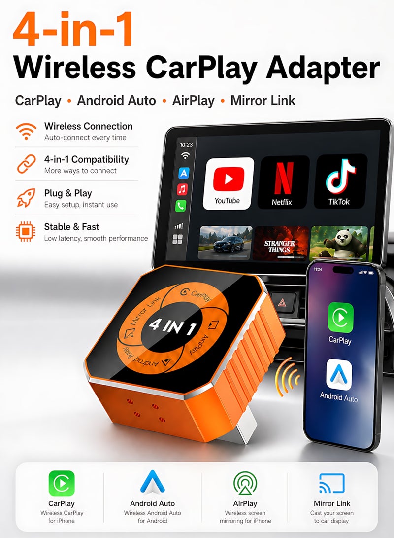 مساحة باردة محول لاسلكي 4 في 1 يدعم CarPlay وAndroid Auto مع بث الفيديو، وجهاز دونجل مطور جديد لتطبيقات YouTube وNetflix وTikTok عبر AirPlay وMirrorLink، وتقنية Bluetooth 5.3، سهل الاستخدام، محول صغير بمنفذ USB/USB-C - متوافق مع 98% من المركبات - Image 1