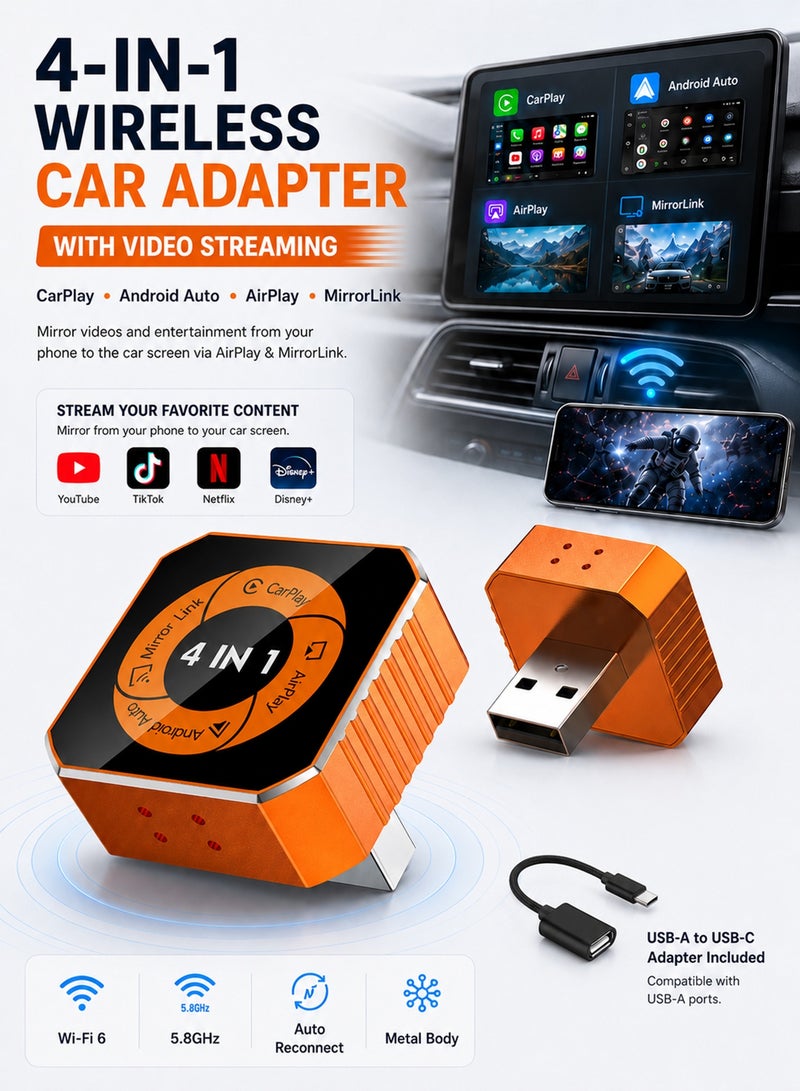 Chillspace 4-in-1 Wireless CarPlay & Android Auto Adapter with Video Streaming, Plug & Play Fast Auto-Reconnect, Bluetooth 5.4 & WiFi 6, Upgraded Dongle for YouTube, Netflix, TikTok via AirPlay & MirrorLink, Mini Adapter with USB/USB-C Port - Fits 98% of Vehicles - Image 1