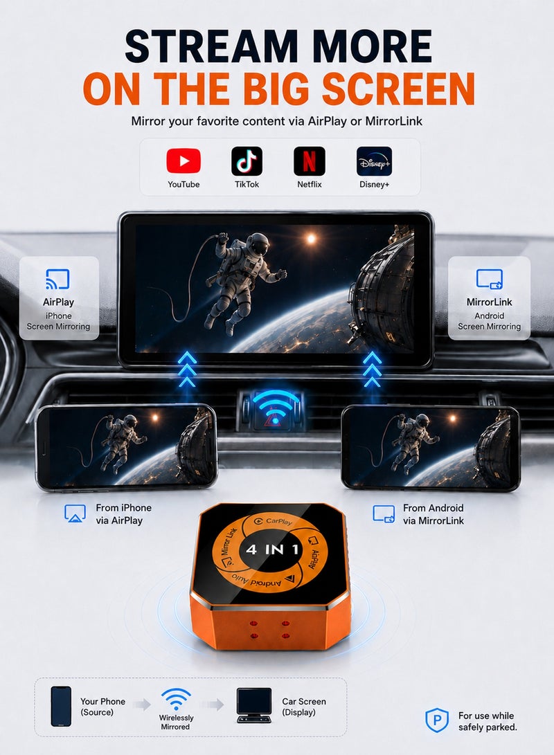 Chillspace 4-in-1 Wireless CarPlay & Android Auto Adapter with Video Streaming, Plug & Play Fast Auto-Reconnect, Bluetooth 5.4 & WiFi 6, Upgraded Dongle for YouTube, Netflix, TikTok via AirPlay & MirrorLink, Mini Adapter with USB/USB-C Port - Fits 98% of Vehicles - Image 3