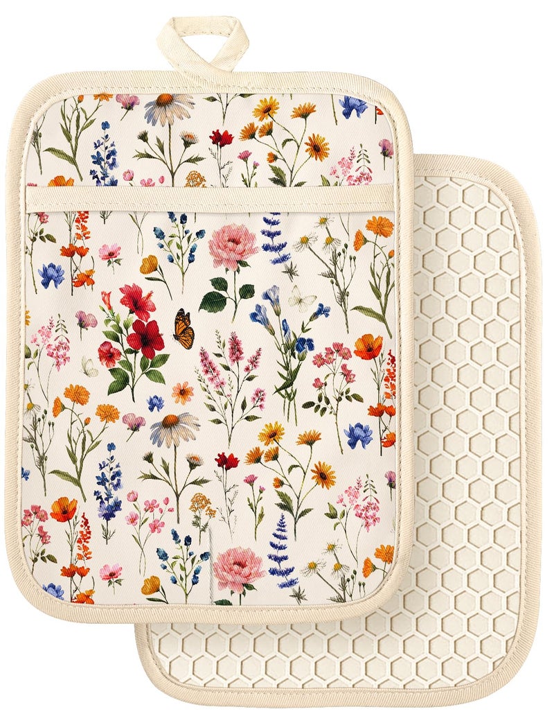 Slohif Silcone Flowers Pot Holders for Kitchen - 100% Cotton Beige Cute Oven Potholders with Pockets, Heat Resistant Square Thick Hot Pads, House New Home Baking Baker Gifts,2pack - Image 1