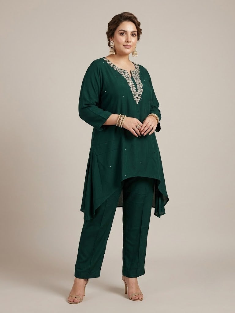 VINY Green Embellished High-Low Top & Palazzo Set – Plus Size Women's Indian Ethnic Wear - Image 2