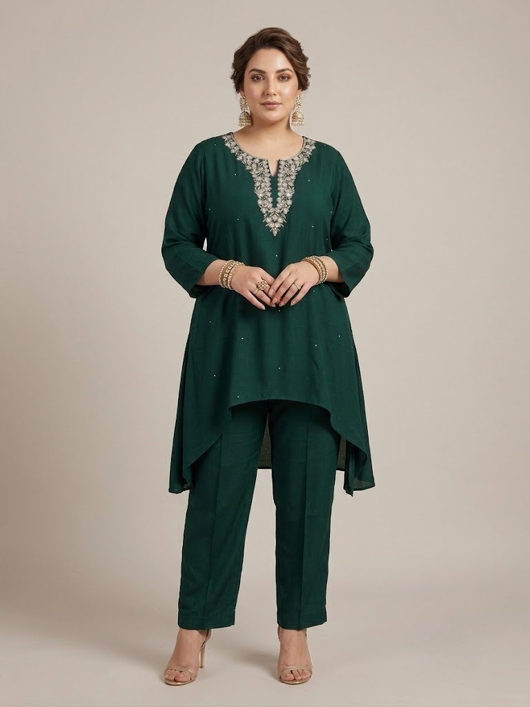 VINY Green Embellished High-Low Top & Palazzo Set – Plus Size Women's Indian Ethnic Wear - Image 1