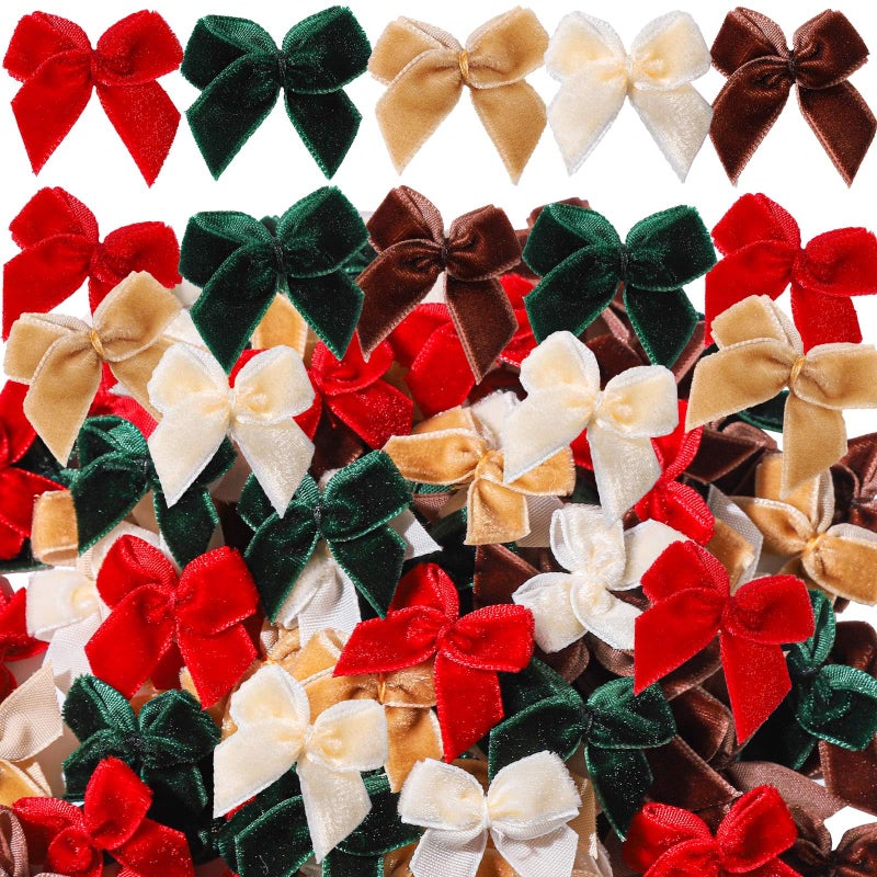 YGDZ 100 PCS Mini Christmas Velvet Bows, Small Bows for Xmas Crafts, 1 Inch Tiny Red Green Brown Velvet Bowknot for Christmas Gift Wrapping, DIY Christmas Decor - Image 1